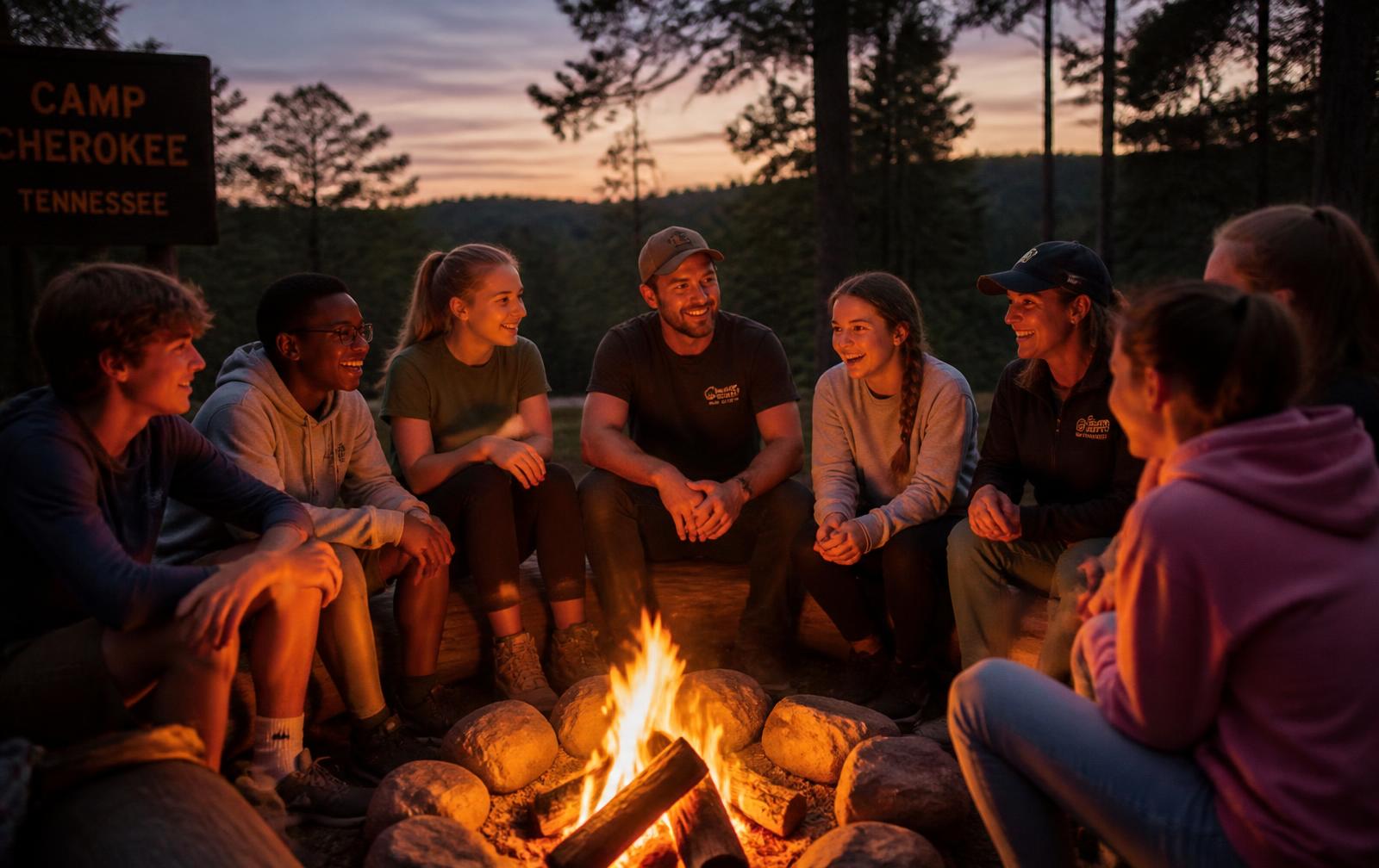 Teenagers and adult mentors talking and laughing around a campfire at dusk