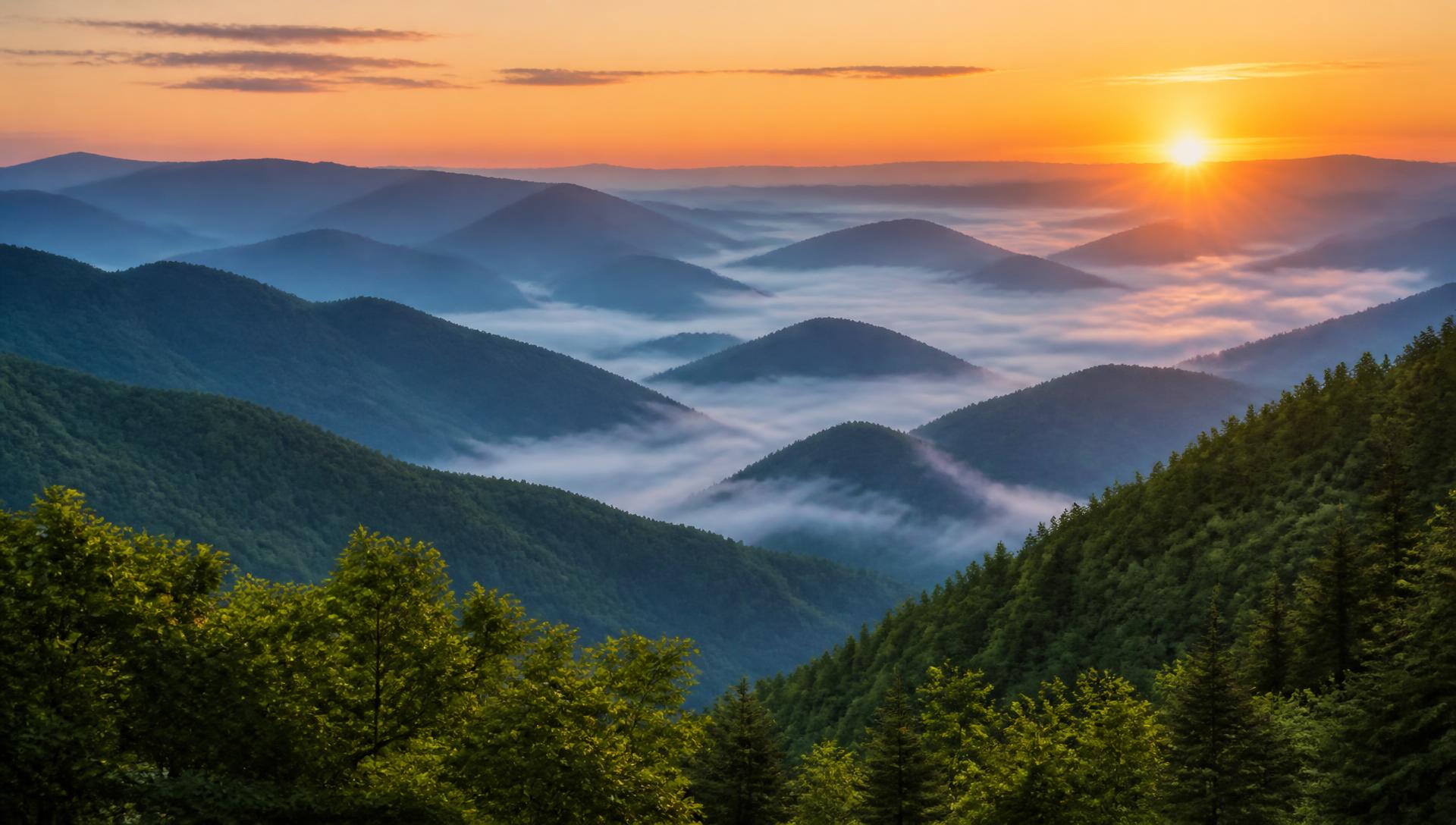 Sunrise over misty forested ridges in the Tennessee mountains