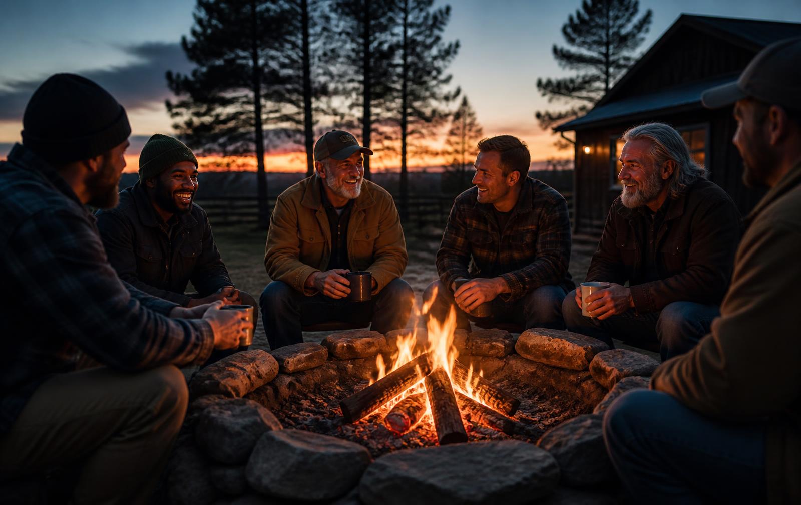 Veterans gathered around a campfire on a Tennessee ranch at dusk